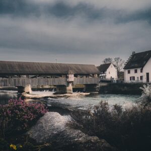 clouds, bridge, village, buildings, house, nature, water, grass, moody landscape, village, village, village, village, village, nature