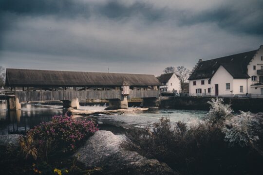 clouds, bridge, village, buildings, house, nature, water, grass, moody landscape, village, village, village, village, village, nature
